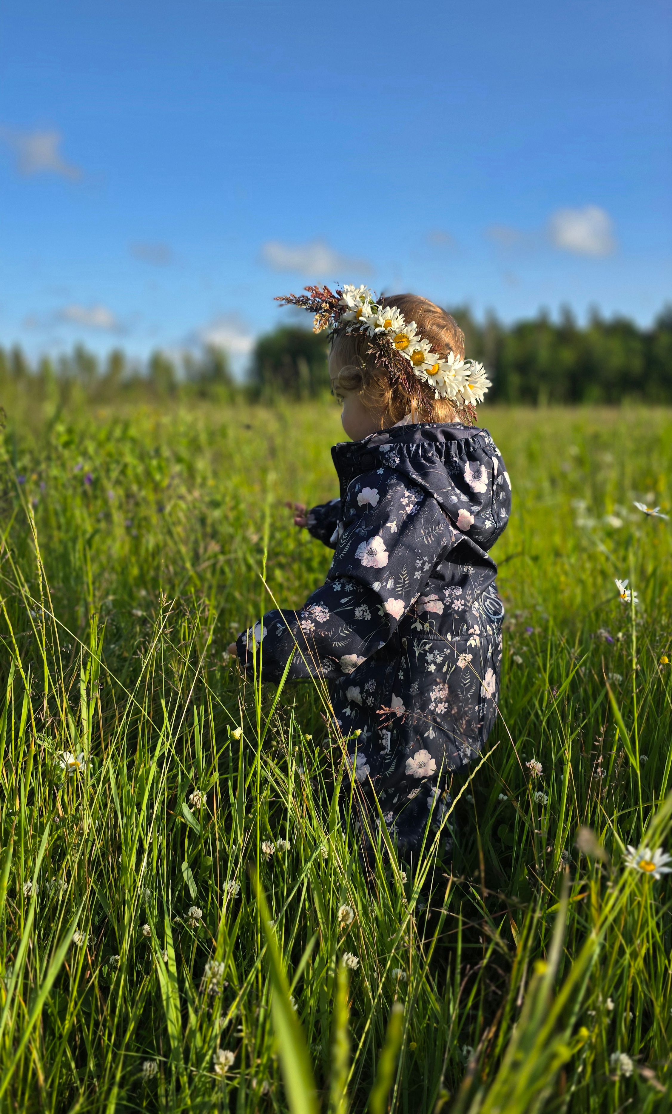 Suveõite keskel!
Väike rändur lillepärjaga jalutamas rohelises heinamaas.